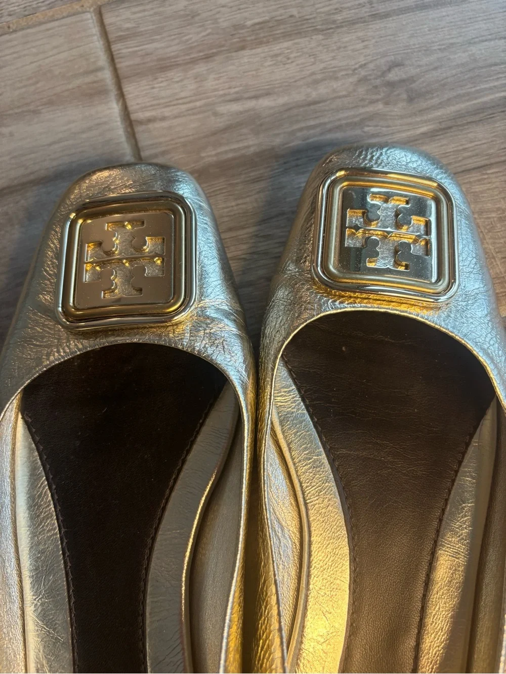 Tory Burch Georgia Metallic Gold Square-Toe Logo Ballet Flats size 8